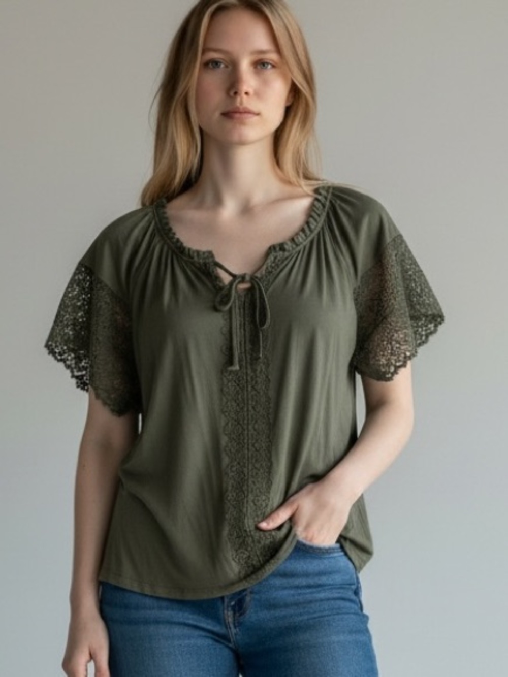 Cable & Gauge Olive Green Crochet Lace Flutter Sleeve Tie Neck Blouse Top L NWT